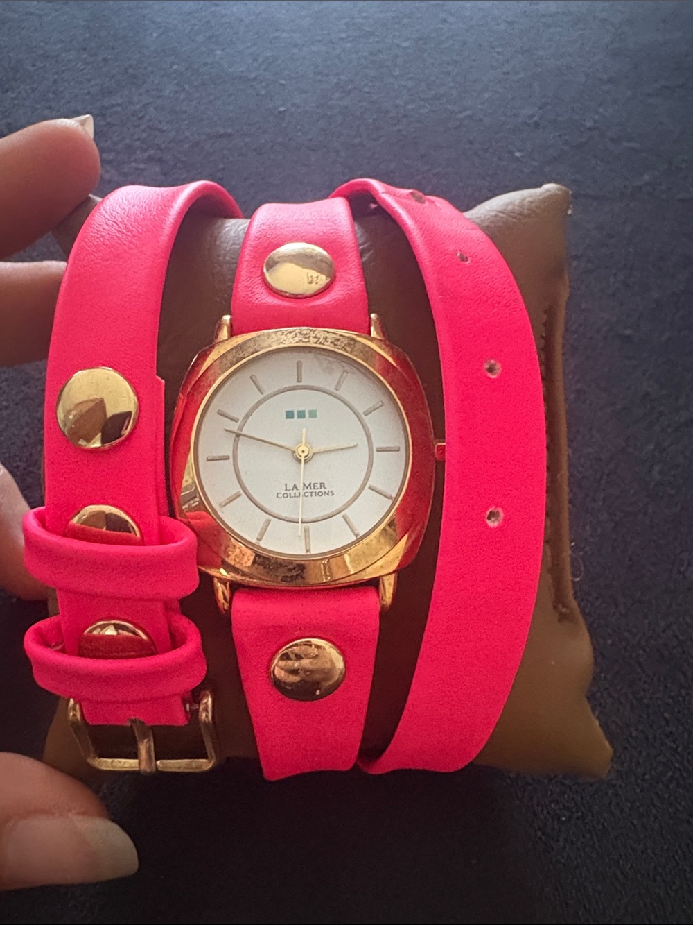 La Mer Neon Pink Wrap Watch with Gold Accents